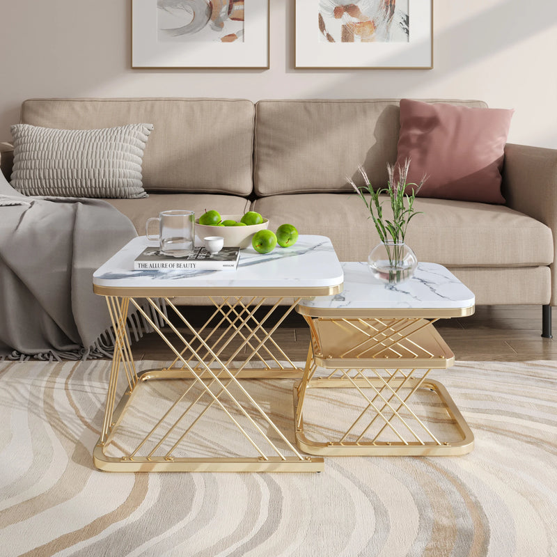 Duo Onyx | Duo de tables basses effet marbre, piétement fer noir et doré