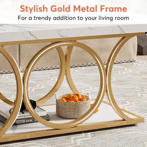 Manhattan | Table basse rectangulaire effet marbre blanc, pieds dorés, 118x56,5x48 cm