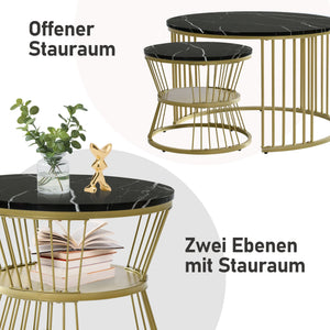 Duo Ébène | Duo de tables gigognes rondes effet marbre, piétement métal noir
