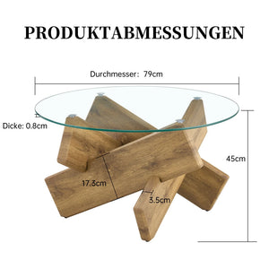 Verrière | Table basse ronde en verre trempé, base croisée imitation bois