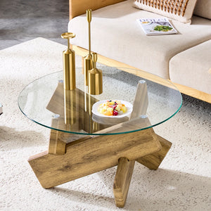 Cristal | Table basse ronde en verre trempé, base croisée imitation bois