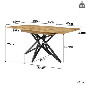 Noyer | Table de salle à manger en bois extensible, pieds étoile en métal noir