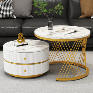 Reflet | Duo de tables gigognes rondes effet marbre brillant, 2 tiroirs