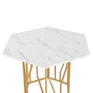 Hexagone | Table basse hexagonale effet marbre, piétement branches dorées