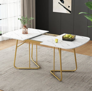 Athéna | Table de salle à manger extensible, plateau effet marbre blanc, pieds acier doré