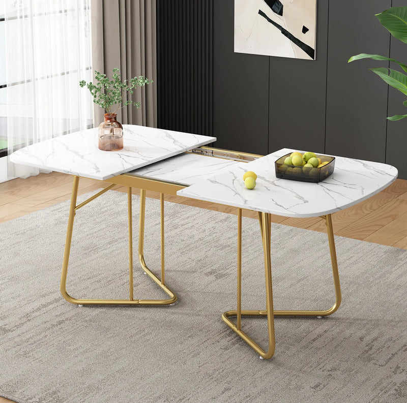 Athéna | Table de salle à manger extensible, plateau effet marbre blanc, pieds acier doré