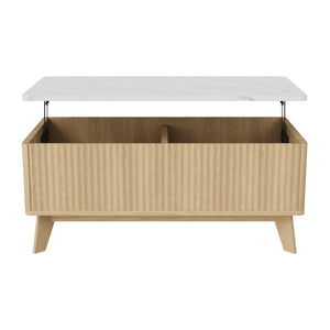 Ascension | Table basse relevable effet marbre et chêne clair, rangement intégré, 105x84x42 cm