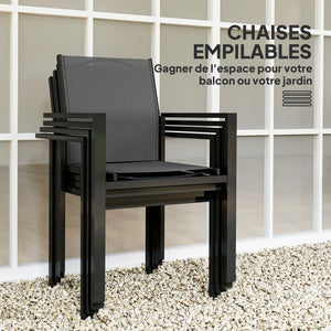 Onyx - Table de jardin verre trempé avec 4 chaises empilables noires