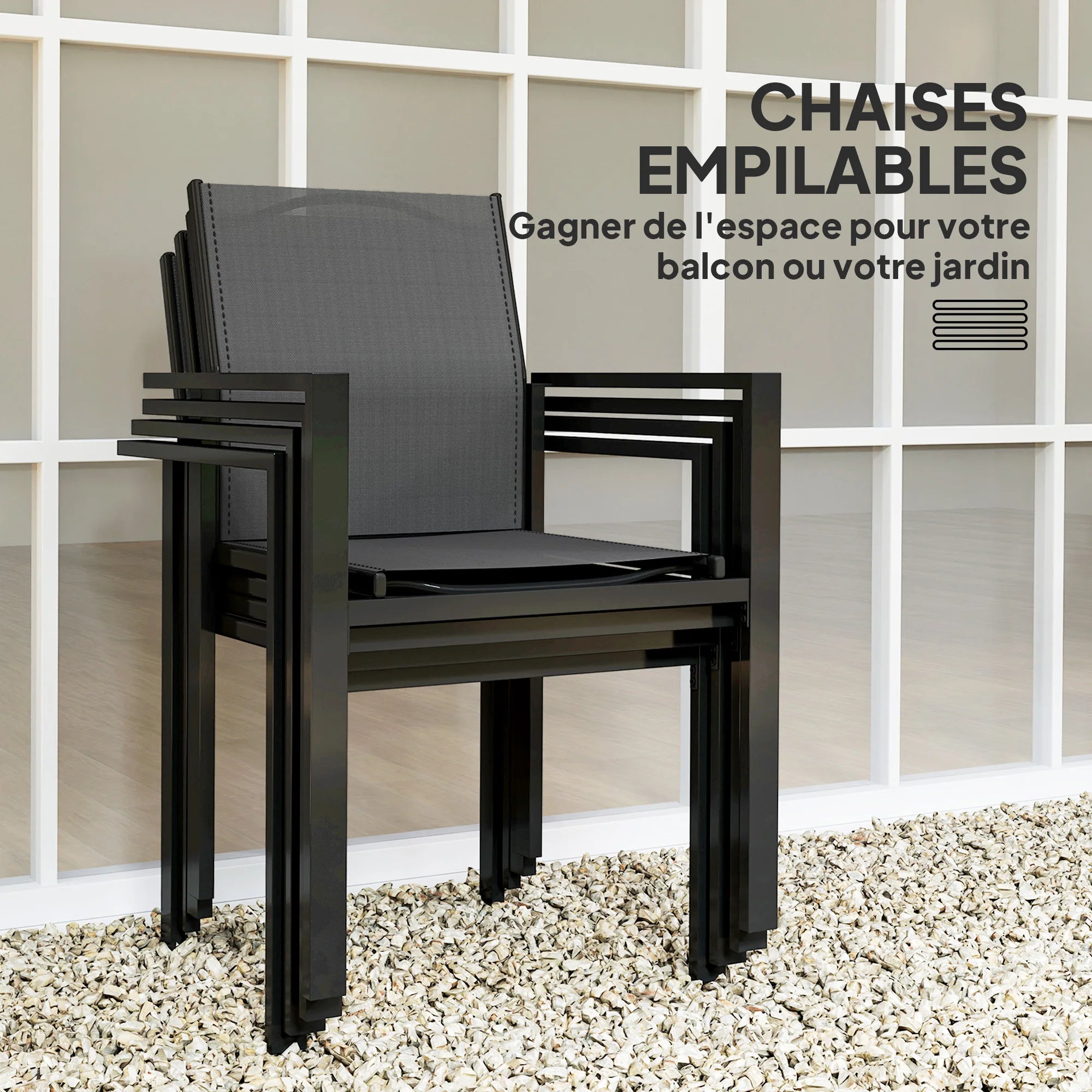 Onyx | Table en verre trempé et 4 chaises empilables, noir