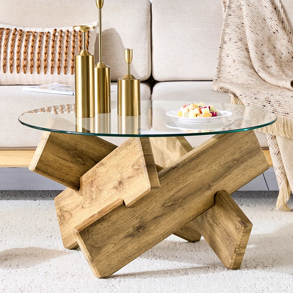 Cristal | Table basse ronde en verre trempé, base croisée imitation bois