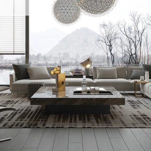 Titan | Table basse en pierre frittée effet marbre, piétement inox, plateau coulissant