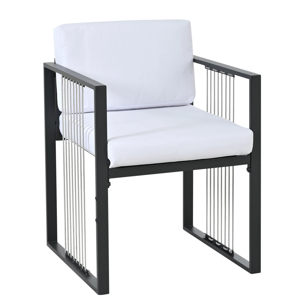 Séville | Ensemble repas 7 pièces, 4 fauteuils cordés et 2 poufs, table verre trempé