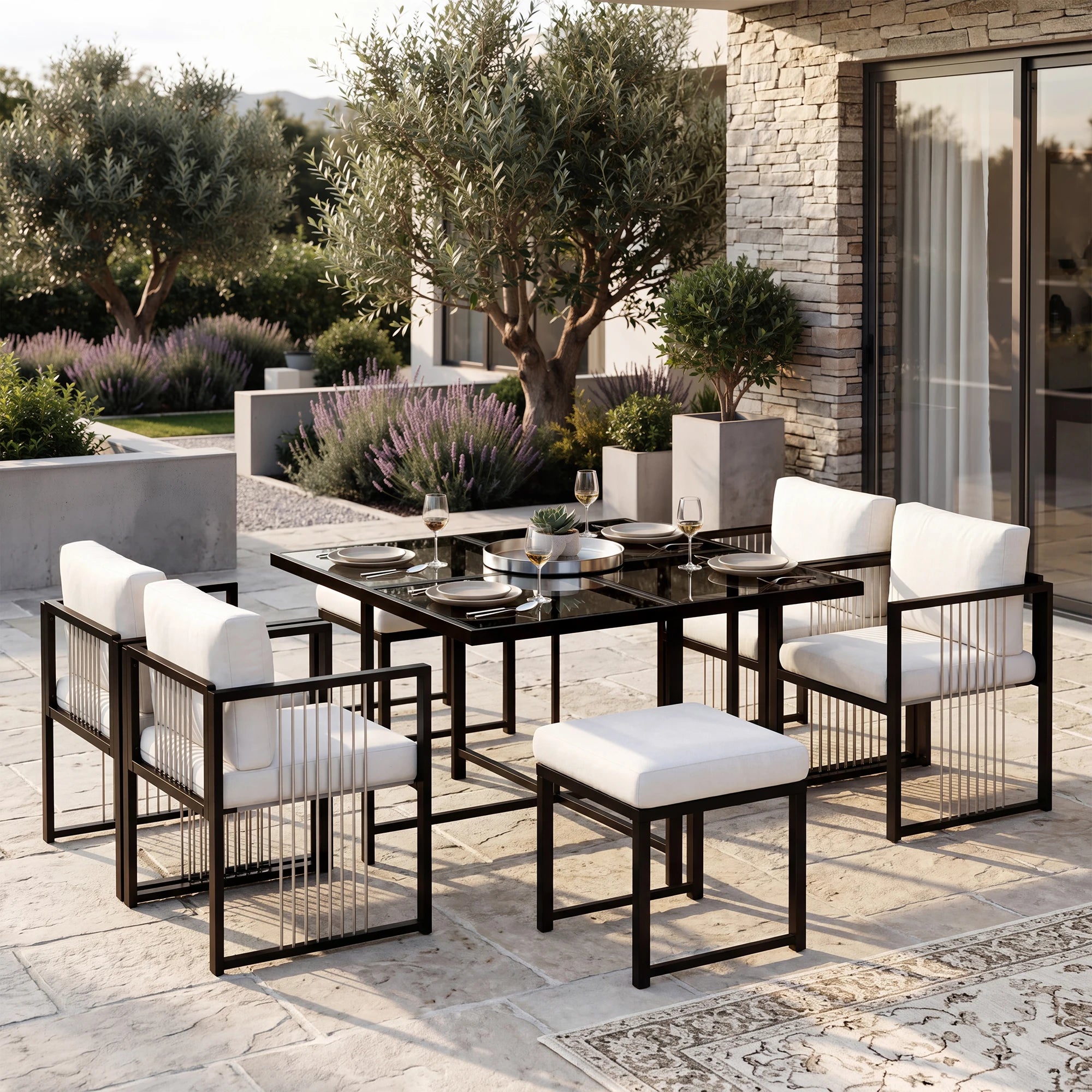 Séville | Ensemble repas 7 pièces, 4 fauteuils cordés et 2 poufs, table verre trempé