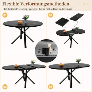 Carrare | Table de salle à manger ronde extensible, plateau effet marbre, piétement acier noir en X