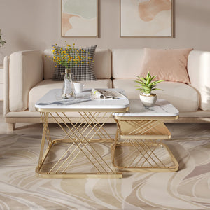 Duo Doré | Duo de tables basses effet marbre blanc, pieds dorés, 60 et 45 cm