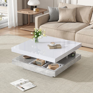 Pivot | Table basse pivotante à double plateau, effet marbre, blanc brillant, 70x70x36 cm