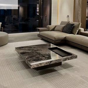 Titan | Table basse en pierre frittée effet marbre, piétement inox, plateau coulissant