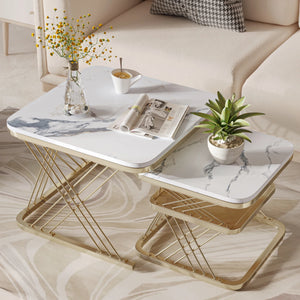 Duo Onyx | Duo de tables basses effet marbre, piétement fer noir et doré