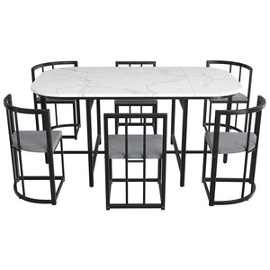Élégante | Ensemble table blanche et 6 chaises velours gris, structure dorée