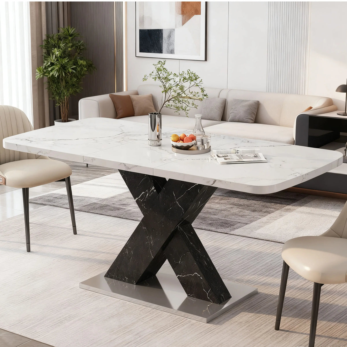Calacatta | Table de salle à manger rectangulaire extensible, plateau effet marbre blanc
