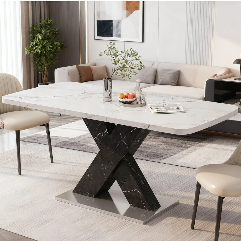 Calacatta | Table de salle à manger rectangulaire extensible, plateau effet marbre blanc