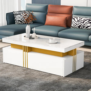 Éclipse | Table basse rectangulaire effet marbre haute brillance, 2 tiroirs bois, 100x50x40 cm