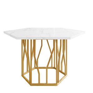 Hexagone | Table basse hexagonale effet marbre, piétement branches dorées
