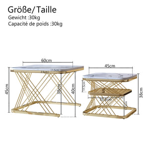 Duo Doré | Duo de tables basses effet marbre blanc, pieds dorés, 60 et 45 cm