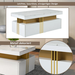 Éclipse | Table basse rectangulaire effet marbre haute brillance, 2 tiroirs bois, 100x50x40 cm