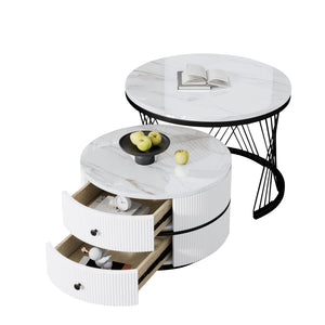 Reflet | Duo de tables gigognes rondes effet marbre brillant, 2 tiroirs
