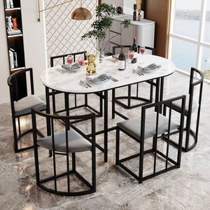 Élégante | Ensemble table blanche et 6 chaises velours gris, structure dorée