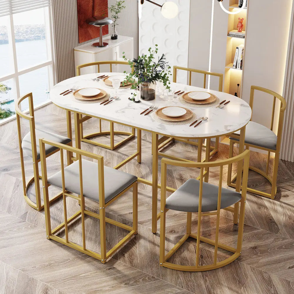 Élégante | Ensemble table blanche et 6 chaises velours gris, structure dorée