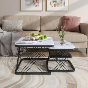 Duo Onyx | Duo de tables basses effet marbre, piétement fer noir et doré