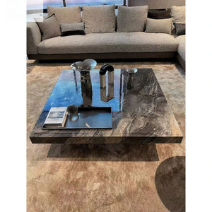 Titan | Table basse en pierre frittée effet marbre, piétement inox, plateau coulissant