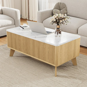 Ascension | Table basse relevable effet marbre et chêne clair, rangement intégré, 105x84x42 cm