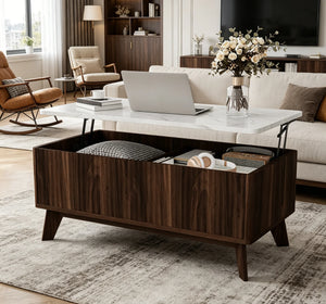 Ascension | Table basse relevable effet marbre et chêne clair, rangement intégré, 105x84x42 cm