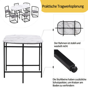 Élégante | Ensemble table blanche et 6 chaises velours gris, structure dorée