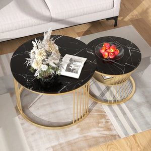 Duo Ébène | Duo de tables gigognes rondes effet marbre, piétement métal noir