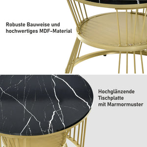 Duo Ébène | Duo de tables gigognes rondes effet marbre, piétement métal noir