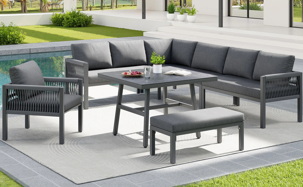 Panorama | Salon de jardin en L pour 8 personnes, coussins gris
