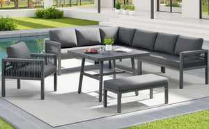 Panorama - Salon de jardin en L, 8 places, coussins gris