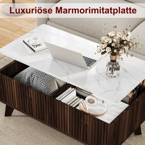 Ascension | Table basse relevable effet marbre et chêne clair, rangement intégré, 105x84x42 cm
