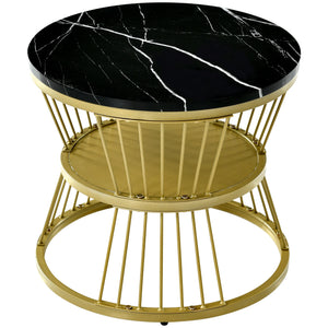 Duo Ébène | Duo de tables gigognes rondes effet marbre, piétement métal noir