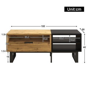 Contraste | Table basse noire et bois avec tiroir et 3 compartiments
