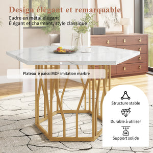 Hexagone | Table basse hexagonale effet marbre, piétement branches dorées