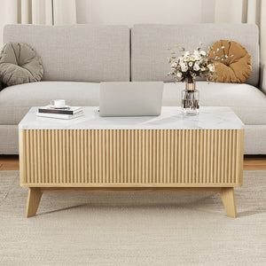 Ascension | Table basse relevable effet marbre et chêne clair, rangement intégré, 105x84x42 cm