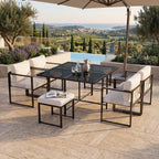 Séville | Ensemble repas 7 pièces, 4 fauteuils cordés et 2 poufs, table verre trempé