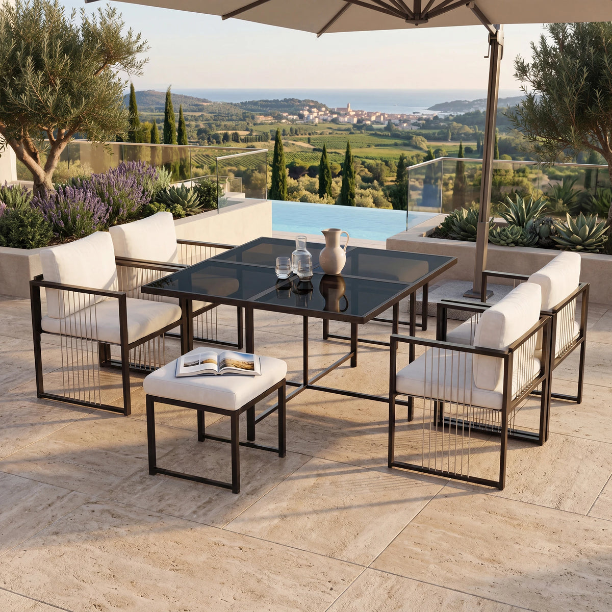Séville - Ensemble repas de jardin 7 pièces, fauteuils tressés en corde