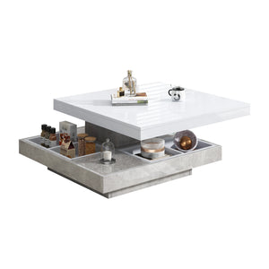 Pivot | Table basse pivotante à double plateau, effet marbre, blanc brillant, 70x70x36 cm