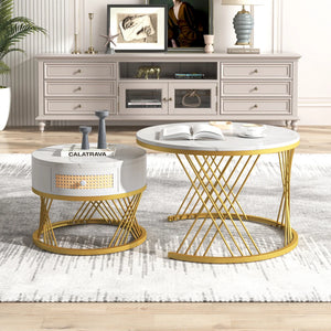 Duo Rotin | Duo de tables basses rondes effet marbre et rotin, tiroirs bois